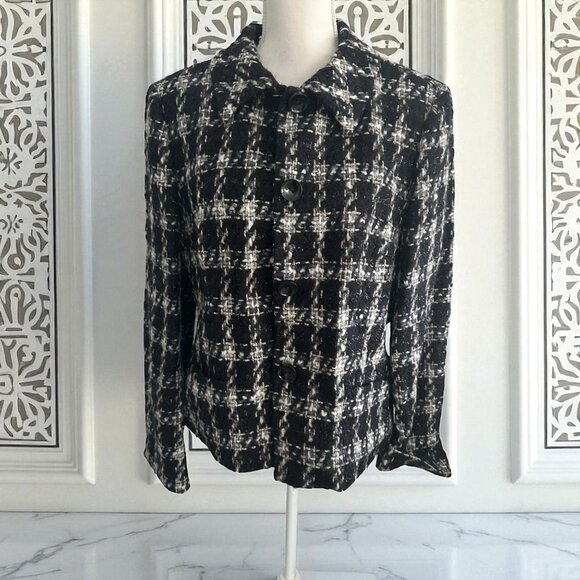 TALBOTS Italian Wool Mohair Blend Black Plaid Jacket Blazer Size 16 - Picture 1 of 8